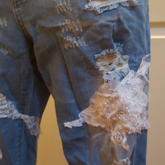 CUSTOM Boho Festival Beaded Lace Destroyed Jeans - Picture 6 of 9